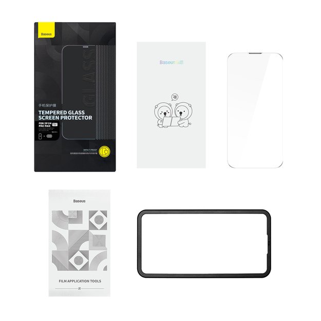 Baseus Full Screen Tempered Glass for iPhone 14 Pro Max with Speaker Cover 0.3mm + Mounting Frame 10