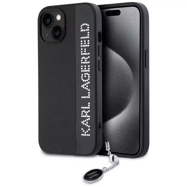 Karl Lagerfeld Saffiano Rhinestones &amp  Charm case for iPhone 15 / 14 / 13 - black