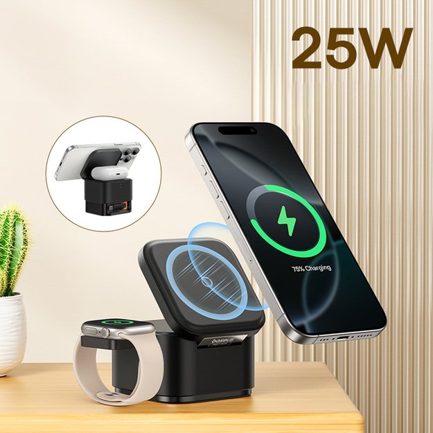 Baseus MagPro 3in1 25W MagSafe Compatible Inductive Charger for Phone and Smartwatch - Black 1
