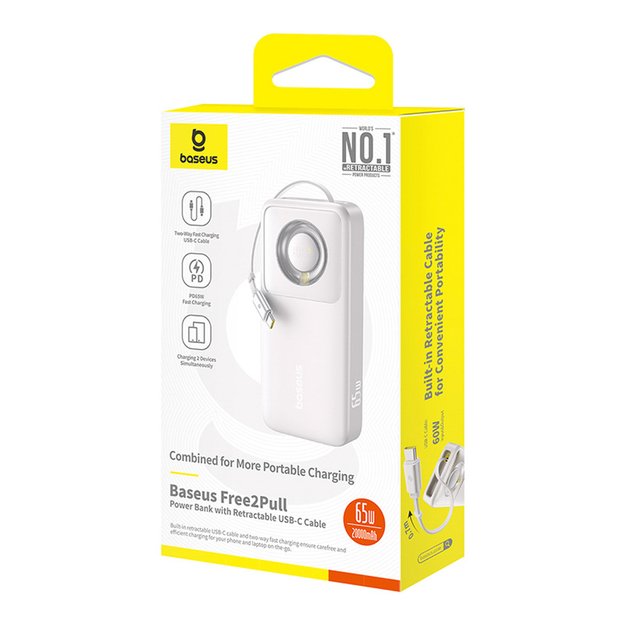 Baseus Free2Pull 20000mAh 65W Power Bank with Retractable USB-C Cable - Gray 10