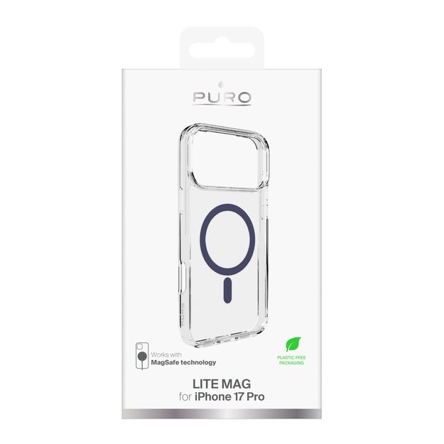 Puro Lite Mag TPU+PC Case Compatible with MagSafe for iPhone 17 Pro - Transparent with Blue Ring 1