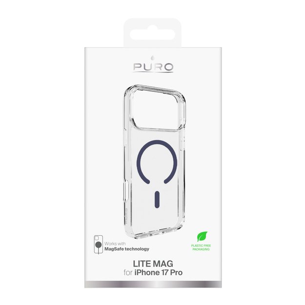 Puro Lite Mag TPU+PC Case Compatible with MagSafe for iPhone 17 Pro - Transparent with Blue Ring 2