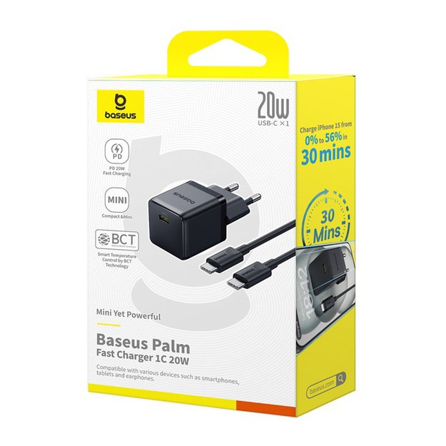 Baseus Palm 1C 20W Wall Charger (with Baseus Mini White USB-C 60W (20V/3A) 1m Cable) - Black 6