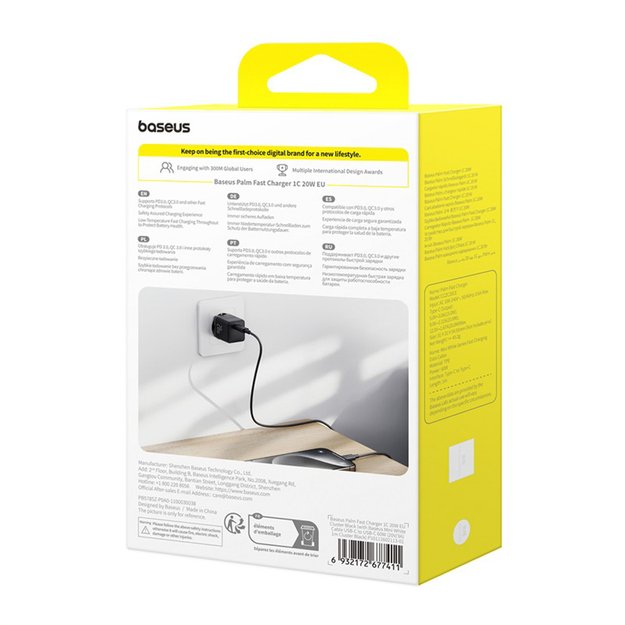 Baseus Palm 1C 20W Wall Charger (with Baseus Mini White USB-C 60W (20V/3A) 1m Cable) - Black 7