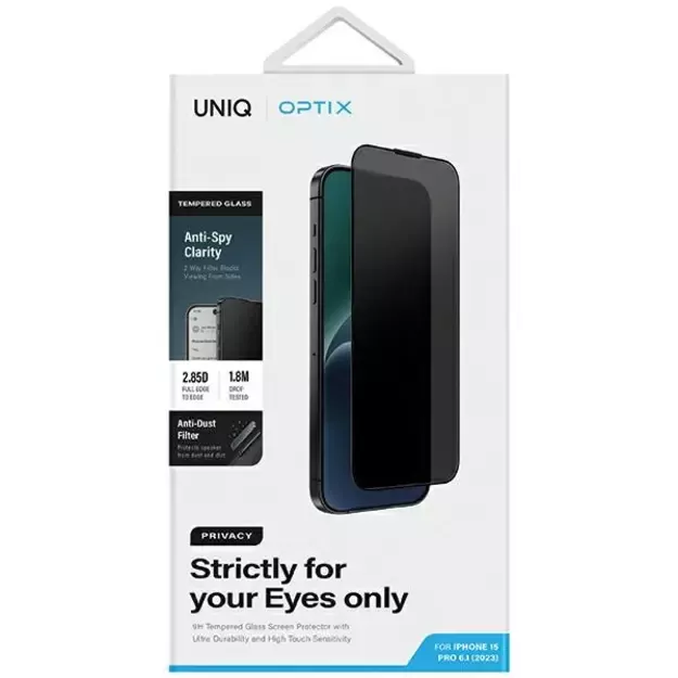 Uniq Optix Privacy tempered glass for iPhone 15 Pro with applicator 10