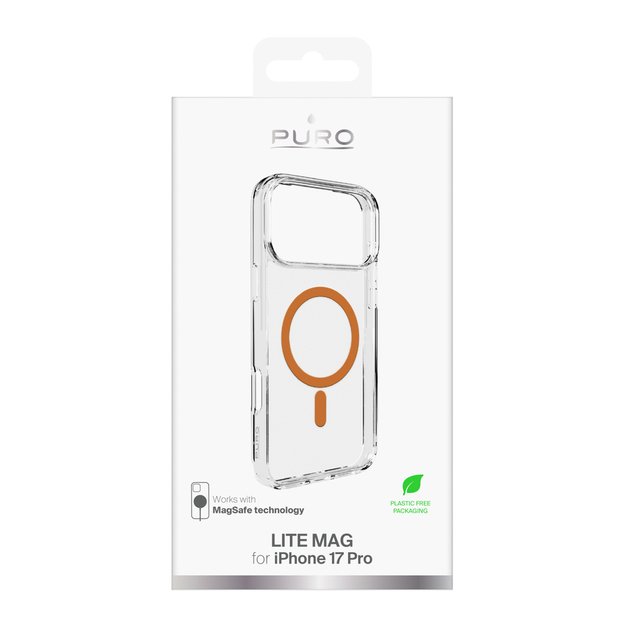 Puro Lite Mag TPU+PC Case Compatible with MagSafe for iPhone 17 Pro - Transparent with Orange Ring 1