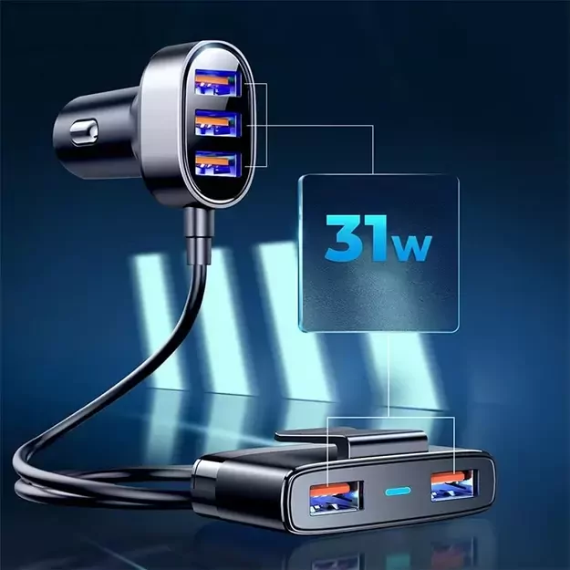 Joyroom fast car charger 5x USB 6.2 A with extension cable black (JR-CL03) 2