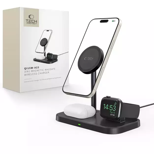 Tech-Protect QI15W-A22 MagSafe Inductive Charger with 3in1 MagSafe Stand for Smartphone / Apple Watch / AirPods - Black