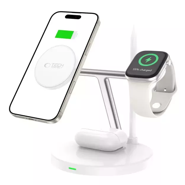 Tech-Protect QI15W-A35 3-in-1 Inductive Charger with MagSafe for Phone / AirPods / Apple Watch - White 1