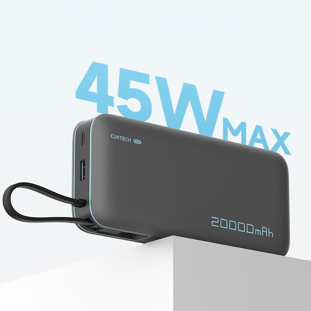 Cuktech CUKP200NGLDG 55W 20000mAh Powerbank with Built-in USB-C Cable - Gray 1