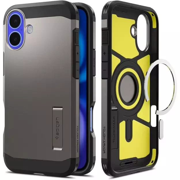 Spigen Tough Armor MagSafe case with stand for iPhone 16 - gunmetal