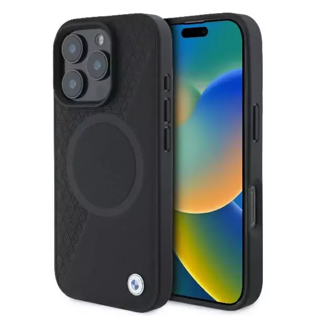 BMW Signature Leather Half Textured &amp  Circle MagSafe case for iPhone 16 Pro - black