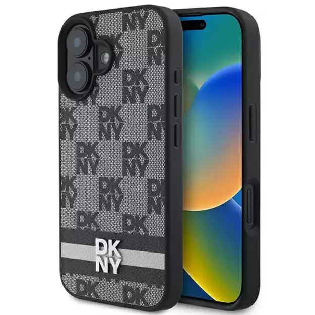 DKNY Checkered Pattern &amp  Printed Stripes case for iPhone 16 - black