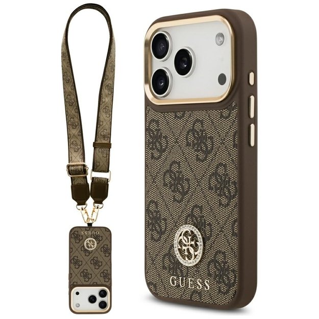 Guess 4G Strass Logo &amp  Big Strap Metal Buttons MagSafe Case for iPhone 17 Pro - Brown