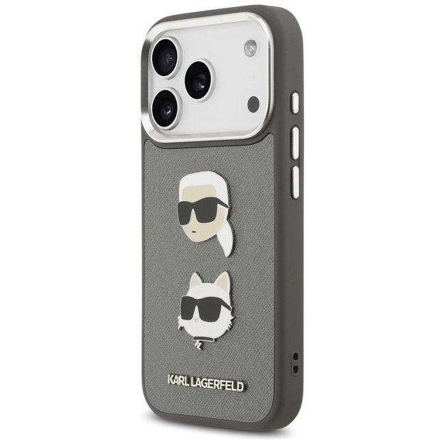 Karl Lagerfeld FW Grained Karl &amp  Choupette Heads Pins &amp  Logo iPhone 17 Pro Case - Gray 1