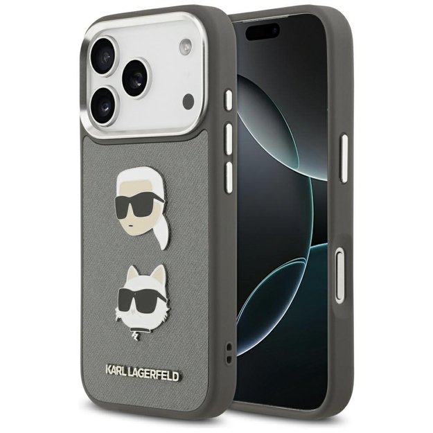 Karl Lagerfeld FW Grained Karl &amp  Choupette Heads Pins &amp  Logo iPhone 17 Pro Case - Gray