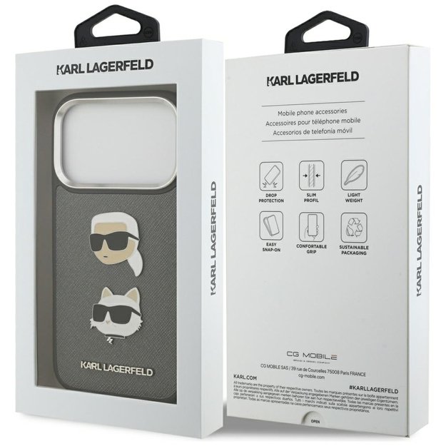 Karl Lagerfeld FW Grained Karl &amp  Choupette Heads Pins &amp  Logo iPhone 17 Pro Case - Gray 7