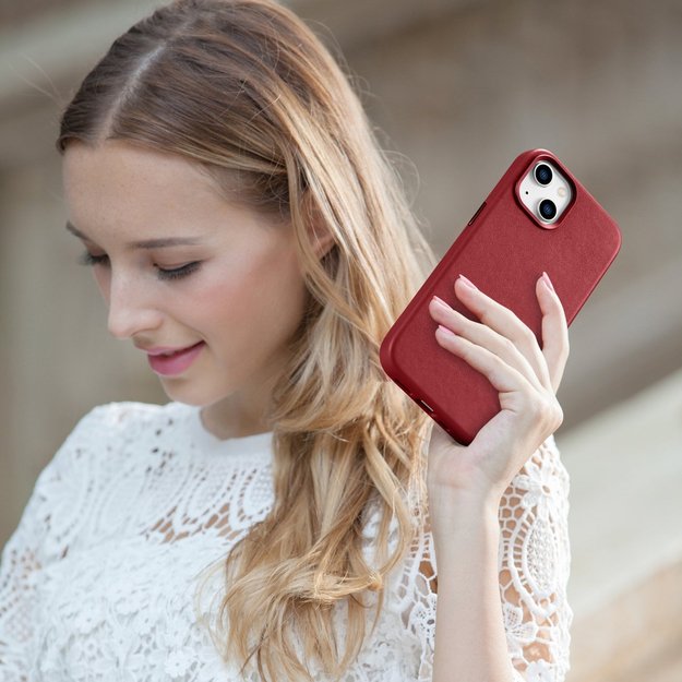 iCarer Case Leather case cover made of natural leather for iPhone 14 Plus red (compatible with MagSafe) 16