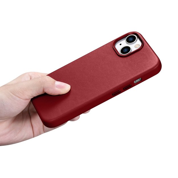 iCarer Case Leather case cover made of natural leather for iPhone 14 Plus red (compatible with MagSafe) 15