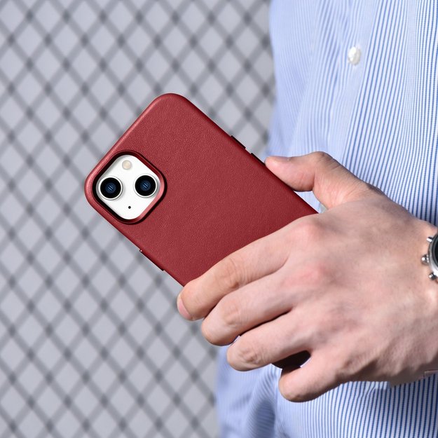 iCarer Case Leather case cover made of natural leather for iPhone 14 Plus red (compatible with MagSafe) 14