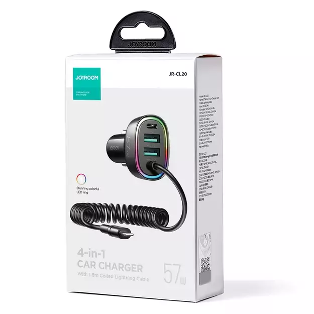 Joyroom fast car charger 4 in 1 PD, QC3.0, AFC, FCP with Lightning cable 1.6m 57W black (JR-CL20) 4