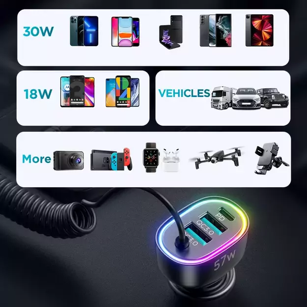 Joyroom fast car charger 4 in 1 PD, QC3.0, AFC, FCP with Lightning cable 1.6m 57W black (JR-CL20) 6