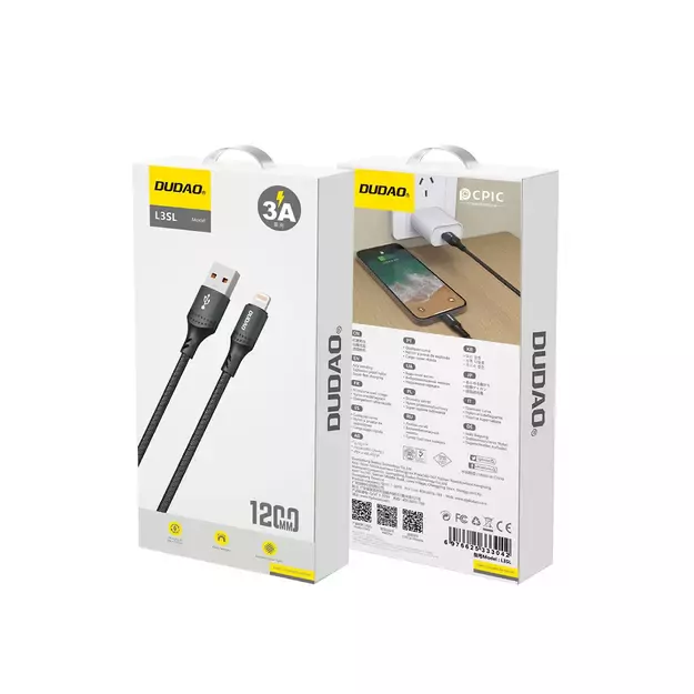 Dudao 3A 30W L3SL USB-A - Lightning Cable Braided 1.2m - Black 3