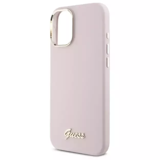 Guess Silicone Script Metal Logo &amp  Frame iPhone 16 Case - Pink 12