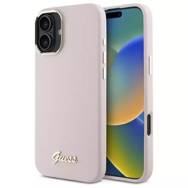 Guess Silicone Script Metal Logo &amp  Frame iPhone 16 Case - Pink
