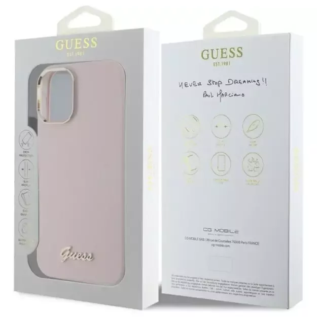 Guess Silicone Script Metal Logo &amp  Frame iPhone 16 Case - Pink 14