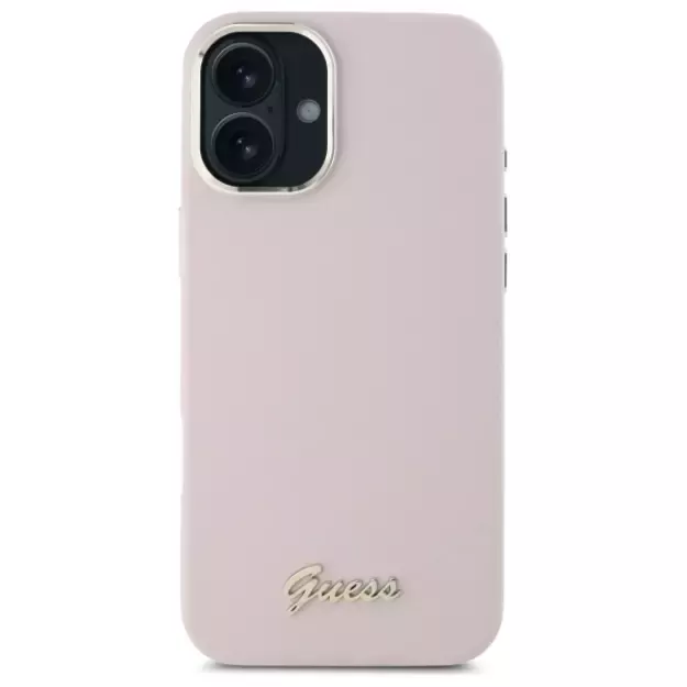Guess Silicone Script Metal Logo &amp  Frame iPhone 16 Case - Pink 9