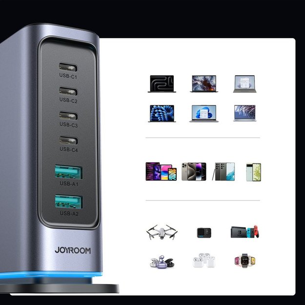 Ładowarka Joyroom JR-TCM02 GaN 65W stacja ładująca 4xUSB-C 2xUSB-A wtyczka UK - szara 10