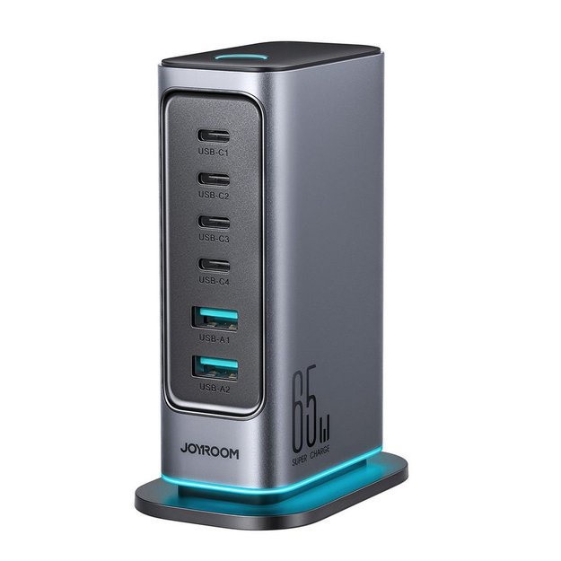 Ładowarka Joyroom JR-TCM02 GaN 65W stacja ładująca 4xUSB-C 2xUSB-A wtyczka UK - szara