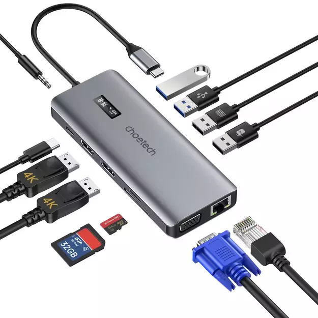 Choetech multifunctional HUB with display 12in1 USB-C to USB-C / USB-A / HDMI / VGA / AUX / SD / TF gray (HUB-M26) 9