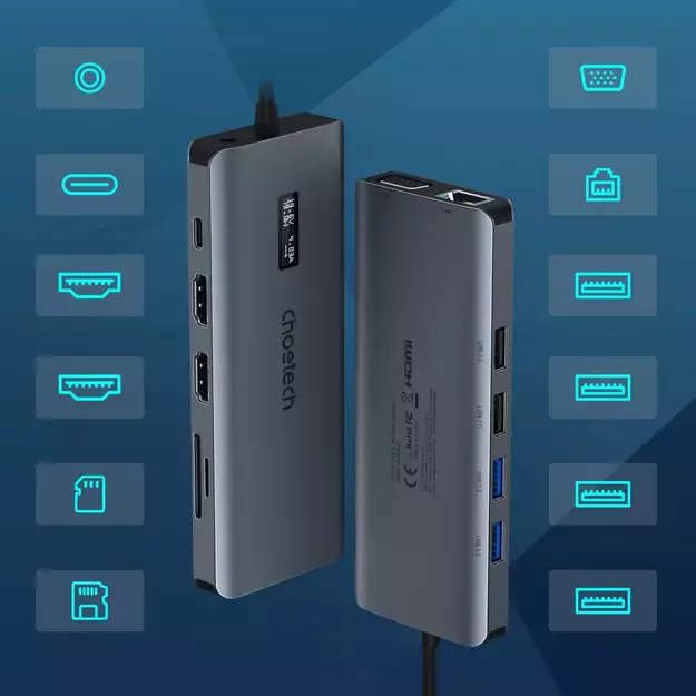 Choetech multifunctional HUB with display 12in1 USB-C to USB-C / USB-A / HDMI / VGA / AUX / SD / TF gray (HUB-M26) 16