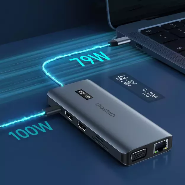 Choetech multifunctional HUB with display 12in1 USB-C to USB-C / USB-A / HDMI / VGA / AUX / SD / TF gray (HUB-M26) 10