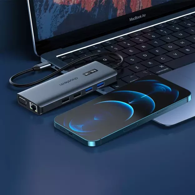 Choetech multifunctional HUB with display 12in1 USB-C to USB-C / USB-A / HDMI / VGA / AUX / SD / TF gray (HUB-M26) 11