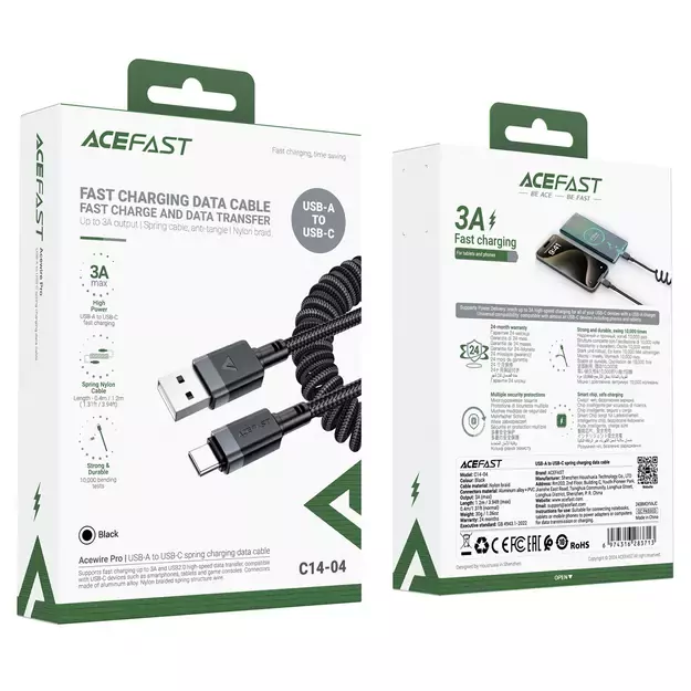 Acefast C14-04 USB-A - USB-C Cable Spring 480Mb/s 3A 1.2m - Black 10