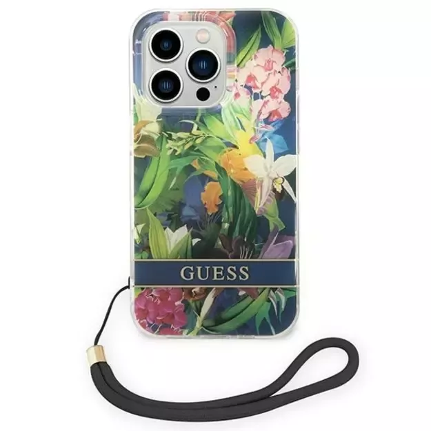 Guess GUOHCP14LHFLSB iPhone 14 Pro 6.1 &quot blue / blue hardcase Flower Strap 1