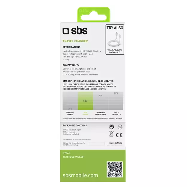 SBS TETR1USB2AWFAST 10W USB-A Wall Charger - White 7
