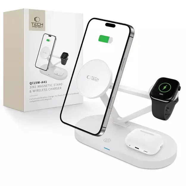 Tech-Protect QI15W-A41 3in1 Wireless Charger with MagSafe for Apple Devices - White