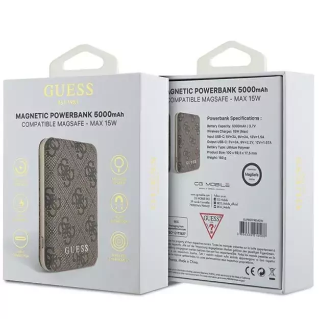 Guess Powerbank inductive 15W GUPB5FP4EMGW 5000mAh brown/brown 4G Leather Metal Logo MagSafe 3
