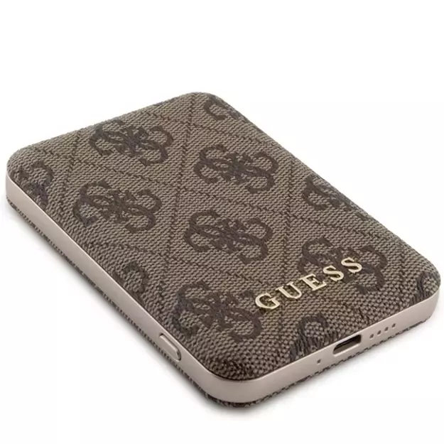 Guess Powerbank inductive 15W GUPB5FP4EMGW 5000mAh brown/brown 4G Leather Metal Logo MagSafe 2