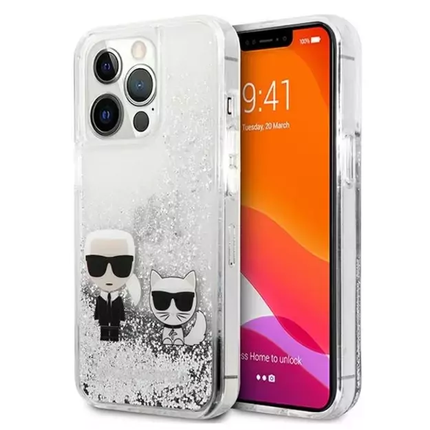 Karl Lagerfeld Liquid Glitter Karl&amp Choupette case for iPhone 13 Pro Max 6.7&quot  - silver