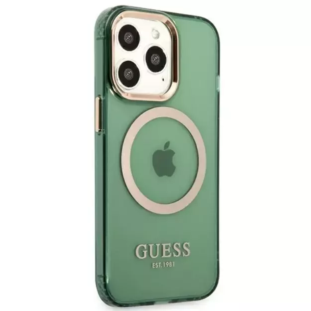 Guess GUHMP13LHTCMA iPhone 13 Pro / 13 6.1&quot  green/khaki hard case Gold Outline Translucent MagSafe 3