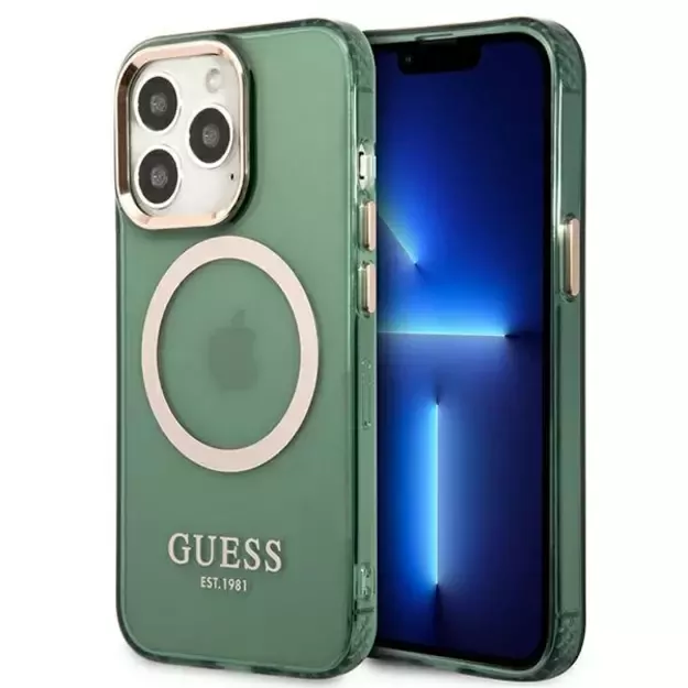 Guess GUHMP13LHTCMA iPhone 13 Pro / 13 6.1&quot  green/khaki hard case Gold Outline Translucent MagSafe