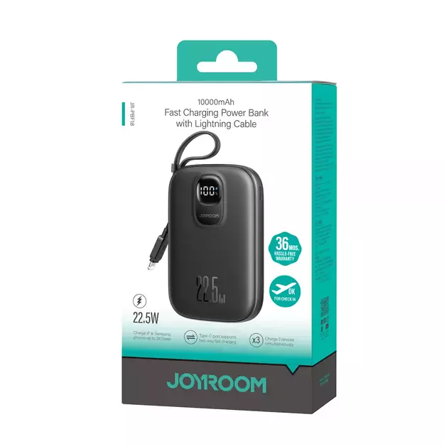 Joyroom JR-PBF18 22.5W 10000mAh Powerbank with Built-in Lightning Cable + USB-C Cable 0.25 cm - Black 9