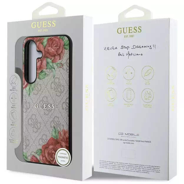 Guess Leather 4G Flowers Print Metal Classic Logo MagSafe Case for Samsung Galaxy S25 - Pink 7