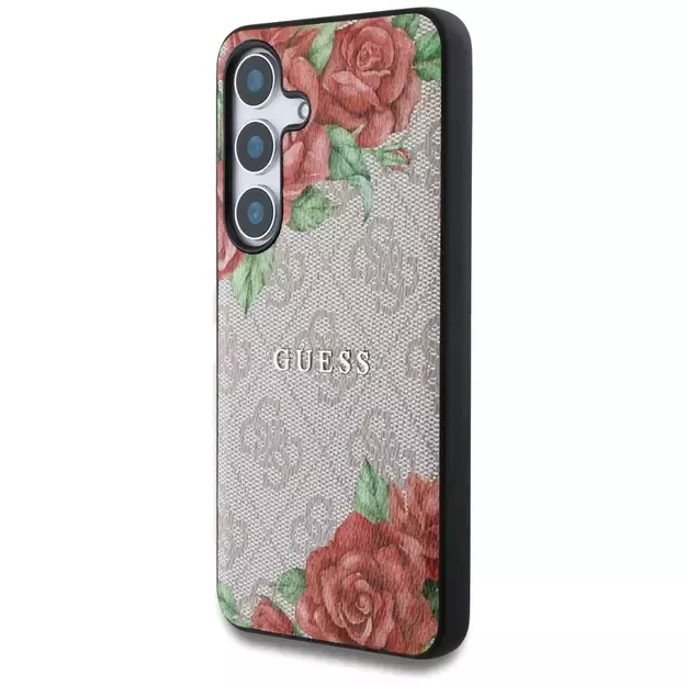 Guess Leather 4G Flowers Print Metal Classic Logo MagSafe Case for Samsung Galaxy S25 - Pink 1