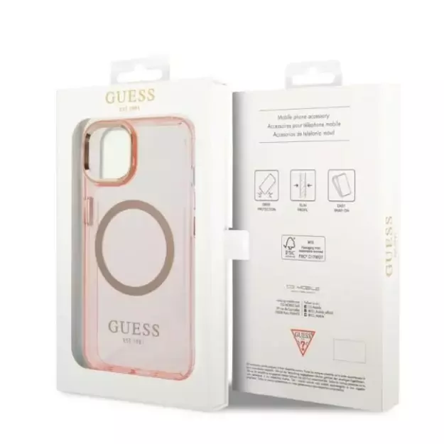 Guess GUHMP14MHTCMP iPhone 14 Plus 6.7&quot  pink/pink hard case Gold Outline Translucent MagSafe 14